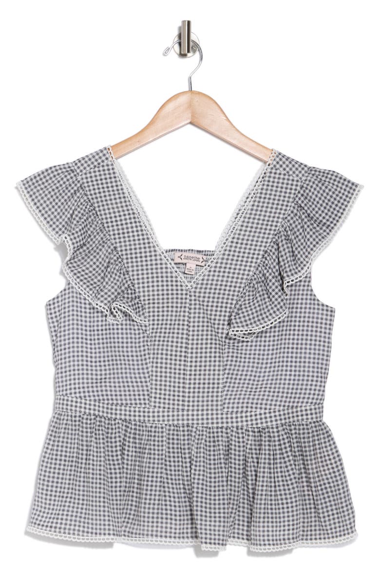 Nanette Lepore V-Neck Flutter Sleeve Peplum Top, Alternate, color, Black/ White