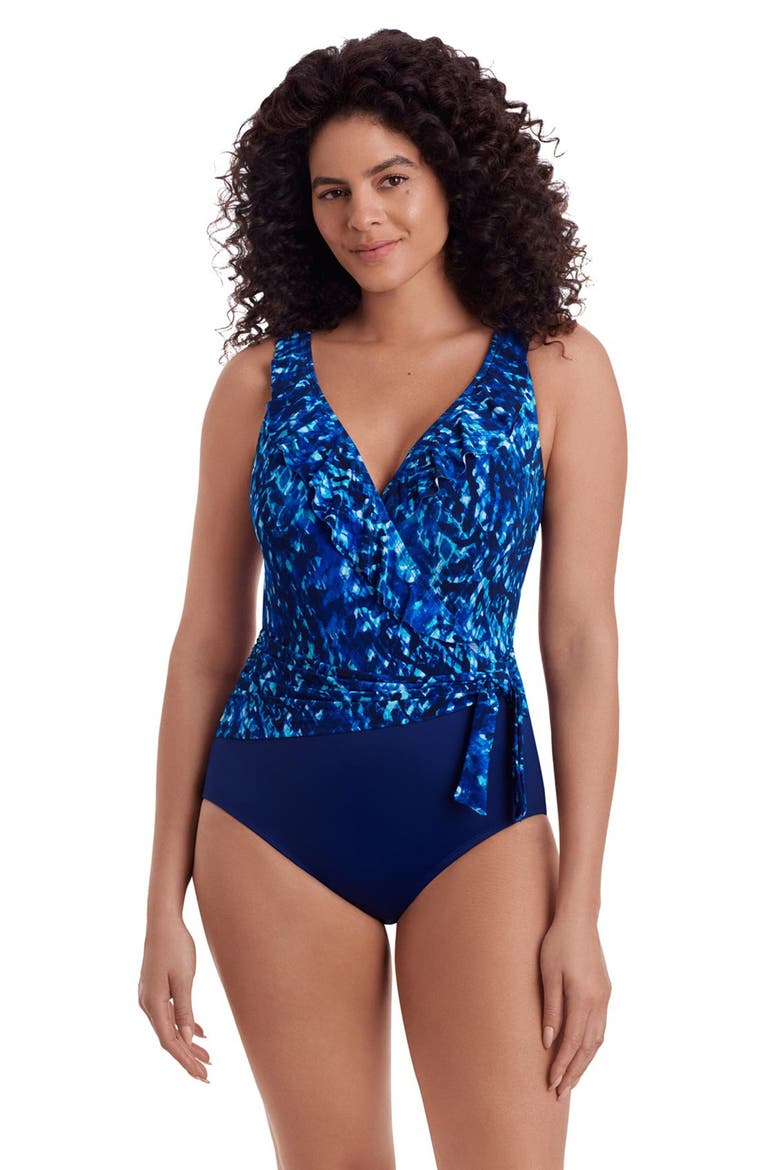 Ruffle Front Sash Surplice Long Torso One-Piece Swimsuit, Main, color, Sweet Siren