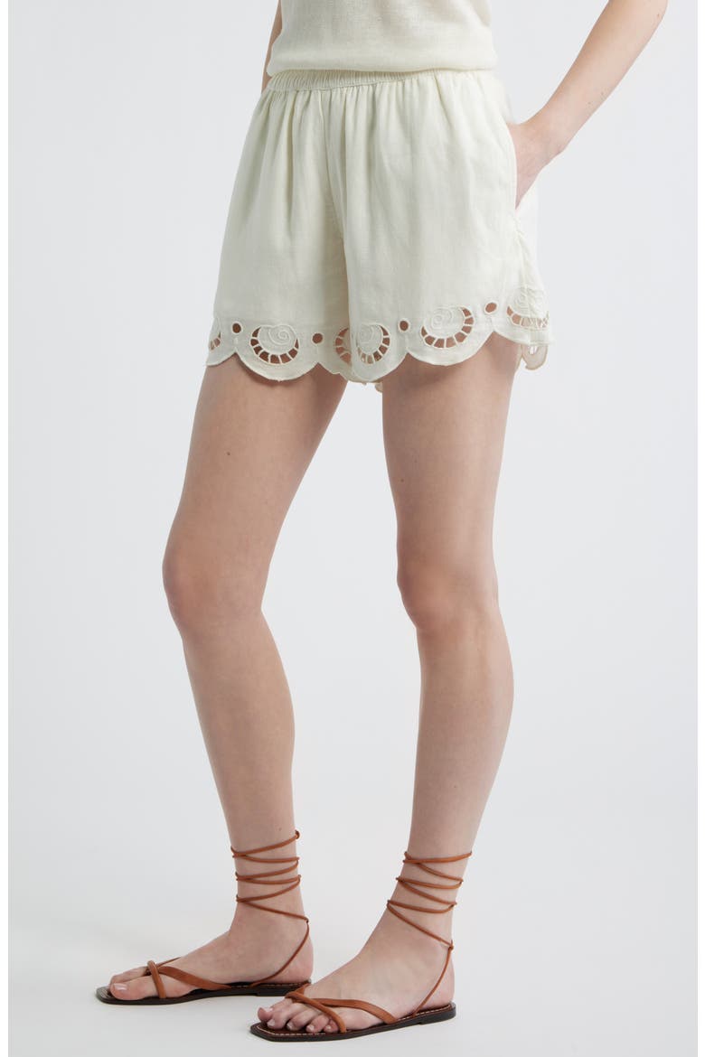 Cutwork Hem Linen Blend Pull-On Shorts, Alternate, color, IVORY EGRET