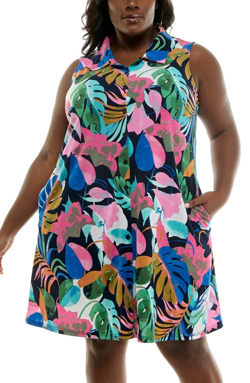 Nina Leonard Sleeveless Trapeze Dress In Navy Pink Multi