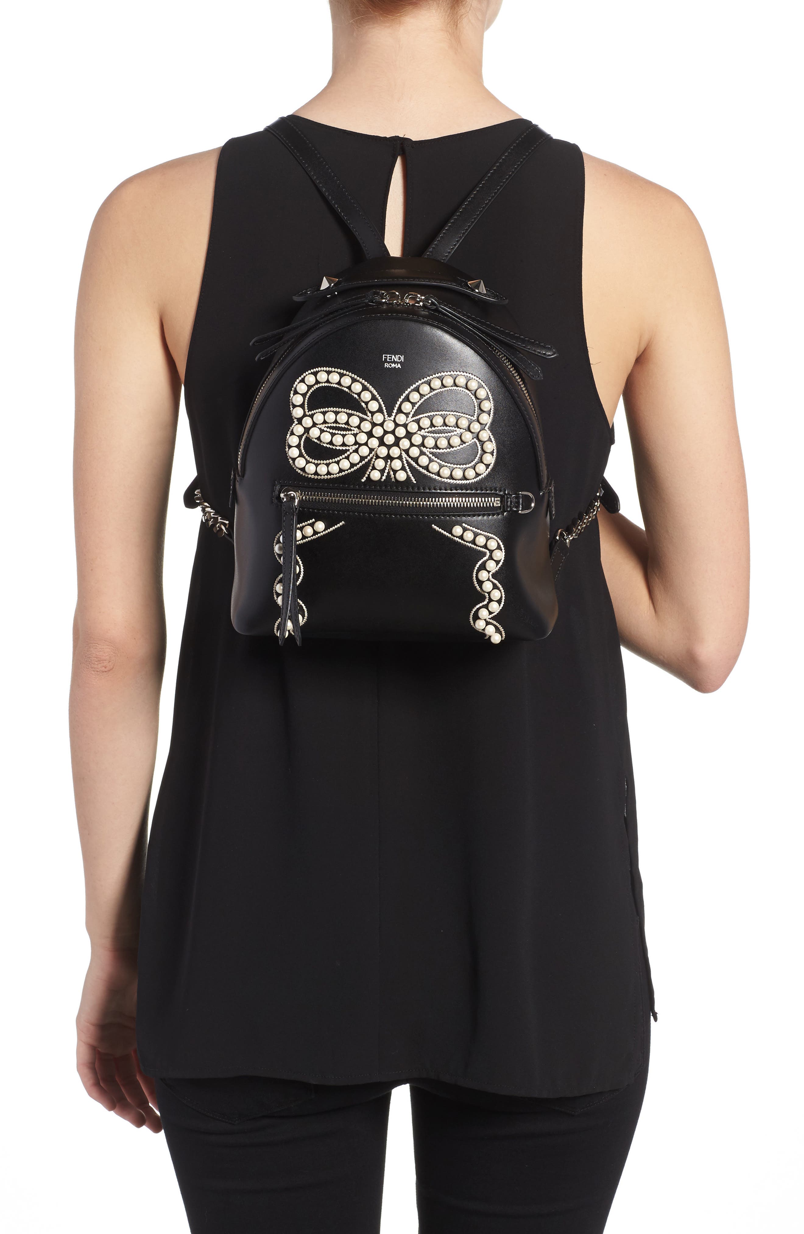 Fendi Mini Imitation Pearl Bow Leather Backpack, Alternate, color, 