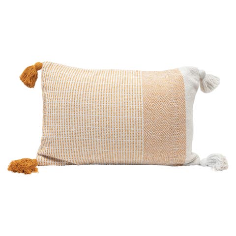 Woven Recycled Cotton Blend Lumbar Pillow with Tassels, Cover Only