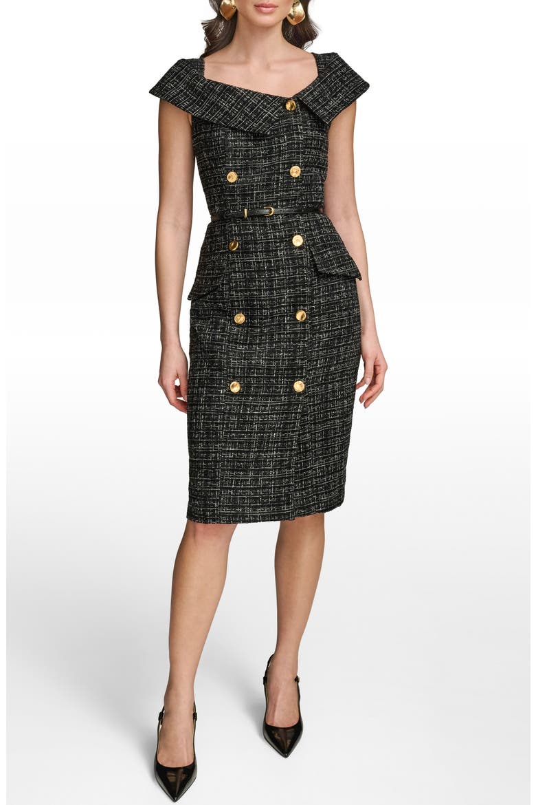 Double Breasted Tweed Sheath Dress, Main, color, BLACK/ CREAM