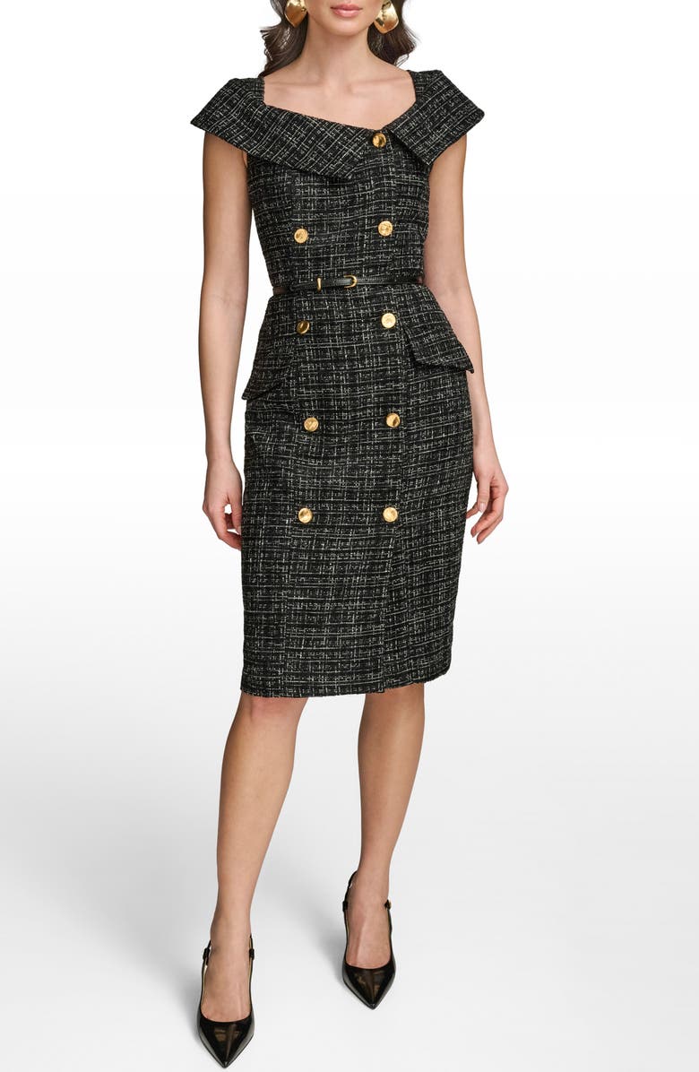 Donna Karan New York Double Breasted Tweed Sheath Dress, Main, color, Black/ Cream
