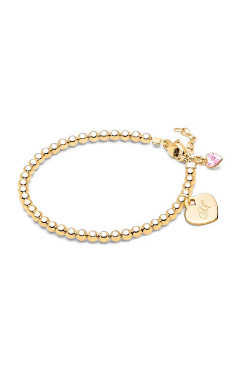 14K Gold 3mm Beads 
Engraved Initial 5.25" Bracelet