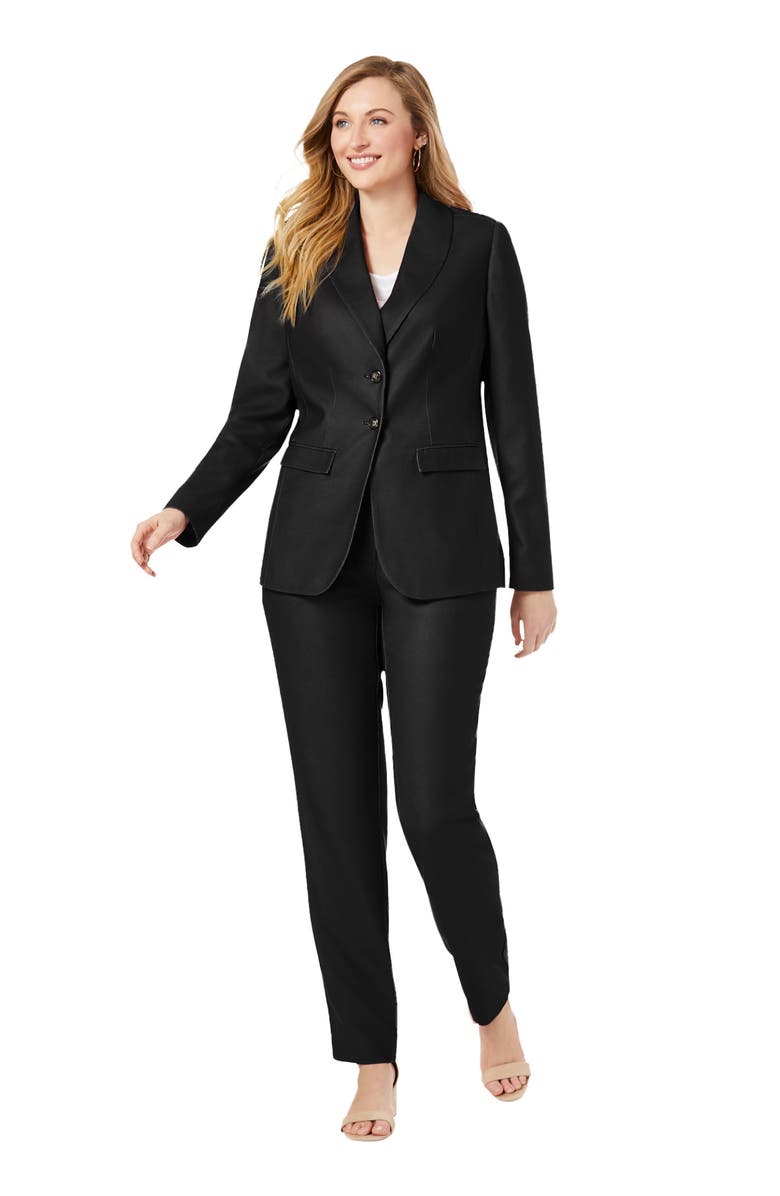 Jessica London 2-Piece Stretch Crepe Single-Breasted Pantsuit, Main, color, Black