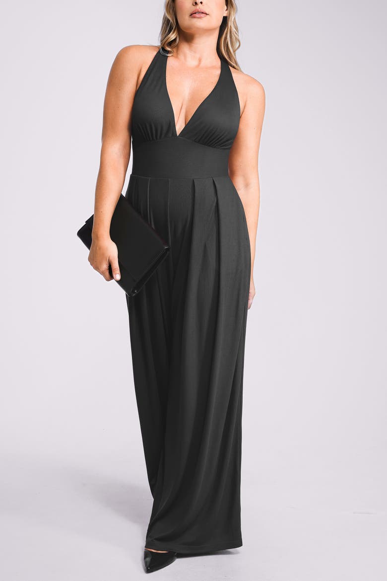 Plunge Shaping Wide Leg Jumpsuit, Alternate, color, Black