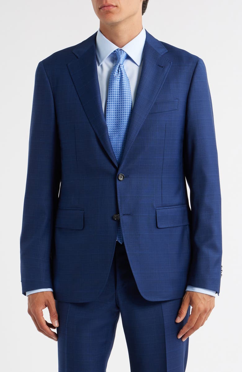 Canali Kei Trim Fit Shadow Plaid Wool Suit, Alternate, color, Navy