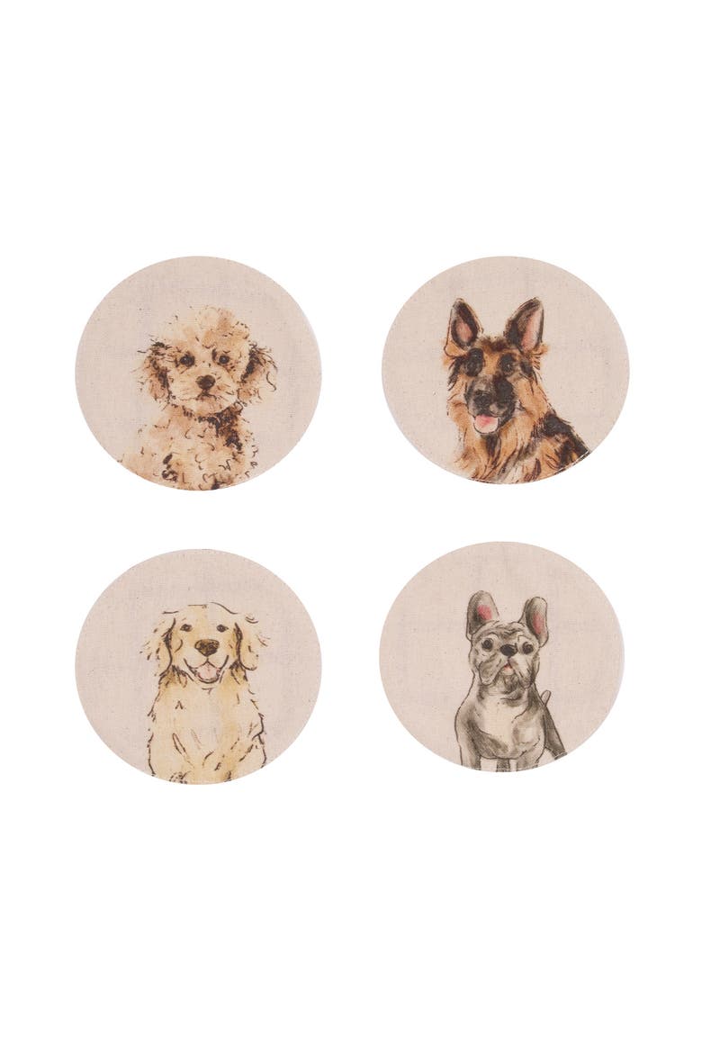 Vintage Dog Pet Cotton Set of 4 Drink Coasters 4", Main, color, Red