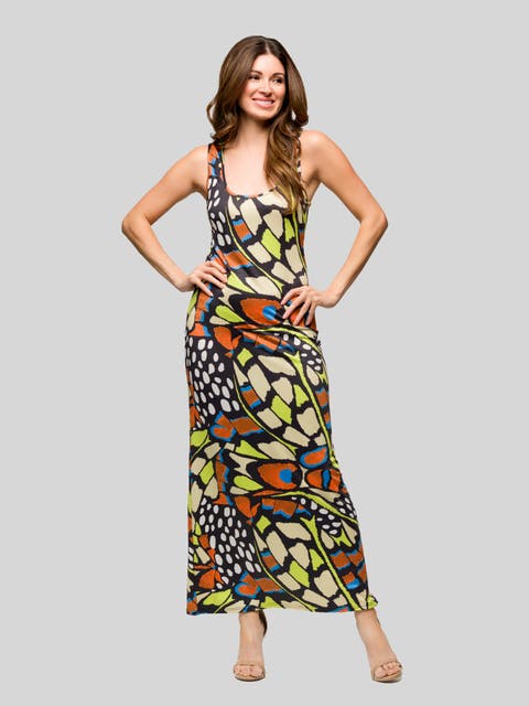Bright Butterfly Print Razorback Tank Casual Maxi Dress