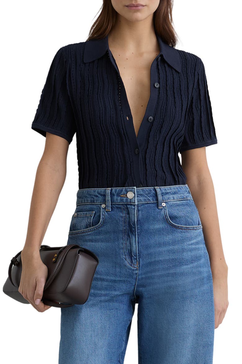 Audrey Texture Knit Button-Up Shirt, Main, color, NAVY