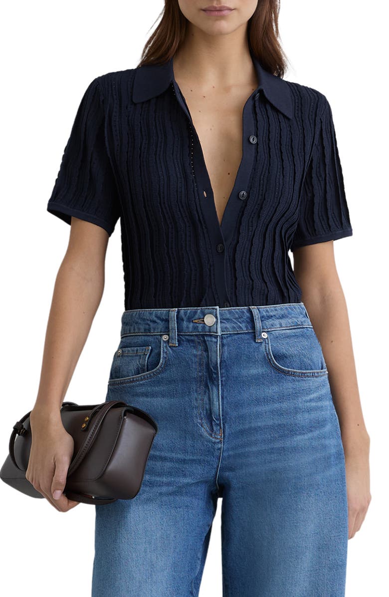 Reiss Audrey Texture Knit Button-Up Shirt, Main, color, Navy