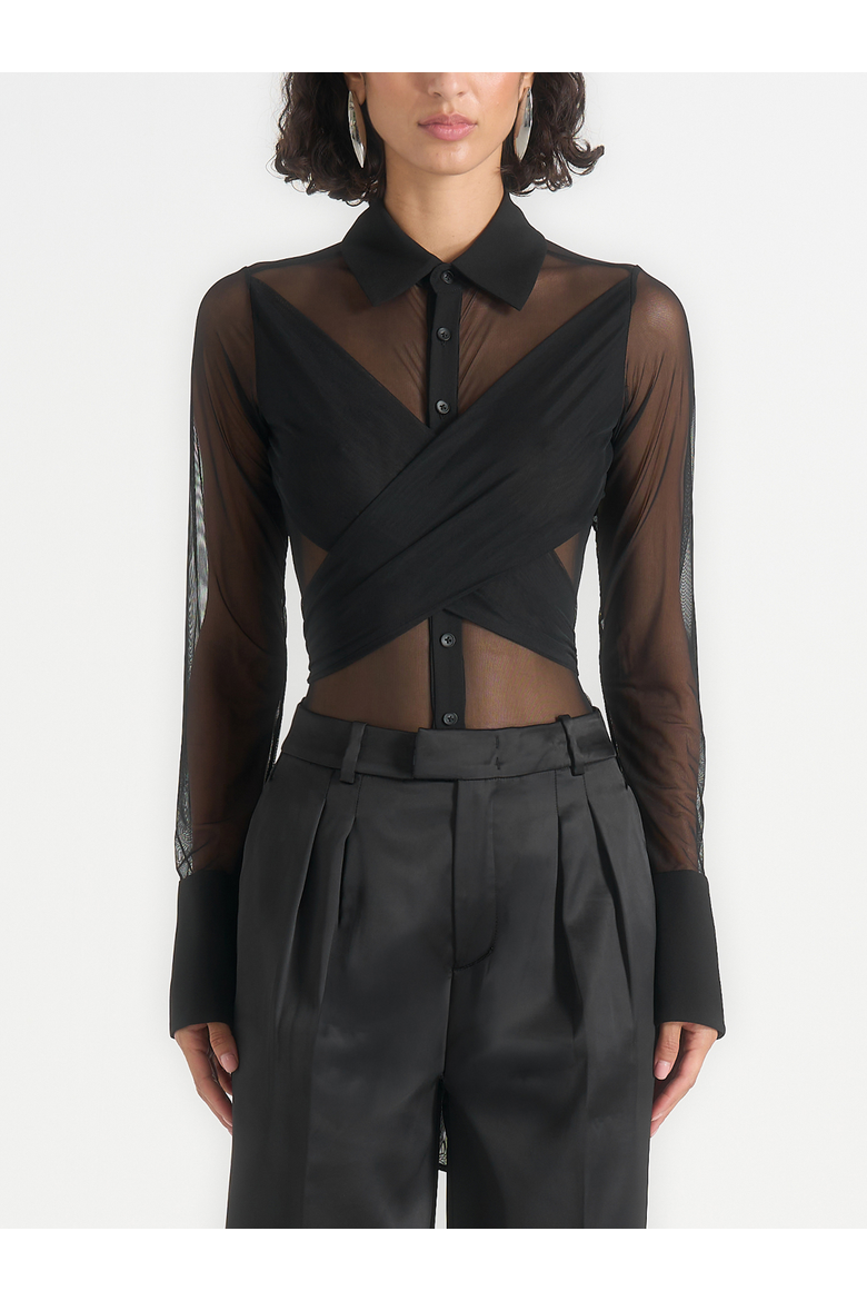 Canelle Sheer Mesh Wrap-Front Shirt Bodysuit, Alternate, color, Black