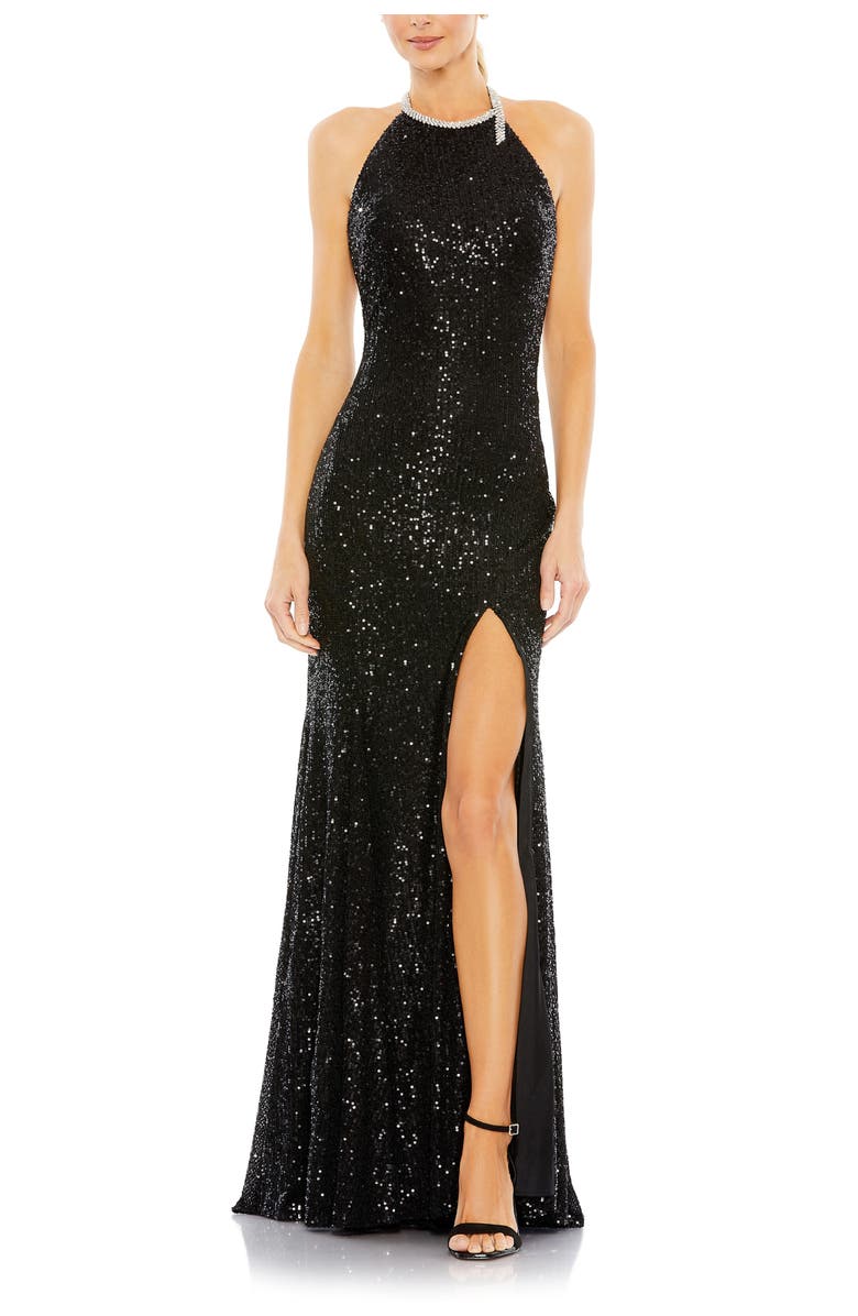 Mac Duggal Sequined High Neck Rhinestone Trim Column Gown, Main, color, Black