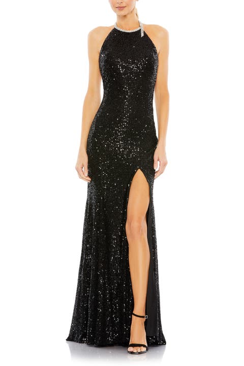 Sequined High Neck Rhinestone Trim Column Gown