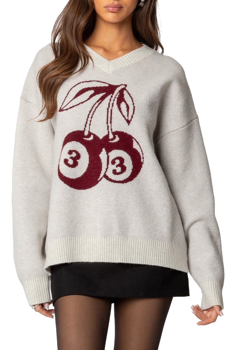 Cherry Three Oversized V-Neck Sweater, Main, color, GRAY-MELANGE