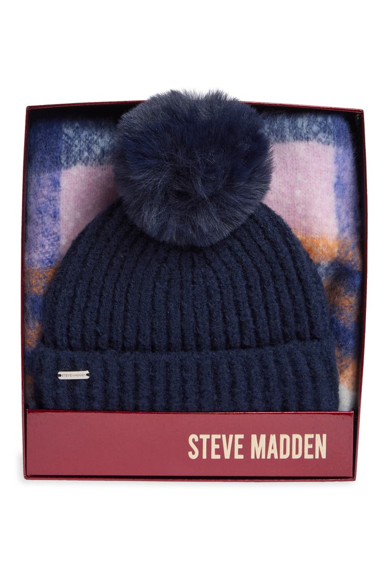 Faux Fur Pom Beanie & Scarf Set, Main, color, NAVY MULTI