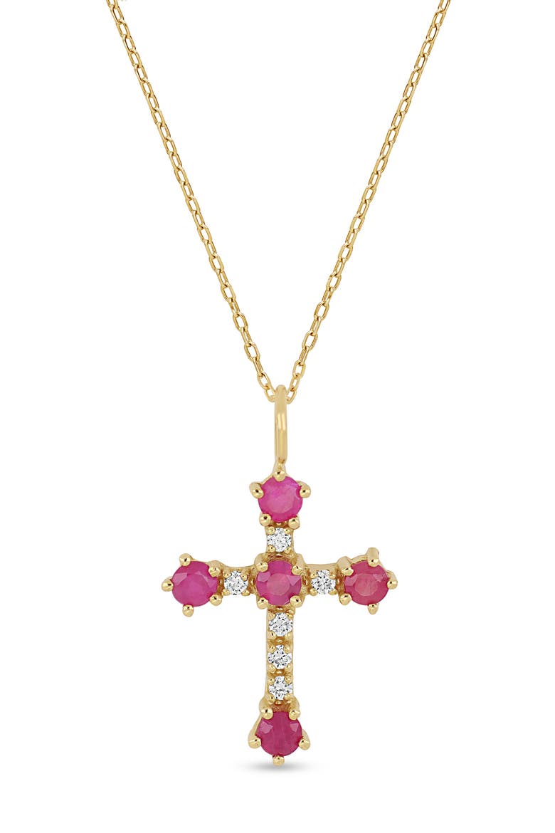 18K Gold El Mar Gemstone & Diamond Cross Pendant Necklace (Online Trunk Show), Main, color, 18K YG/ DIAMOND/ RUBY