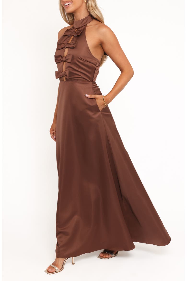 Norva Bow Front Halter Satin Maxi Dress, Alternate, color, BROWN