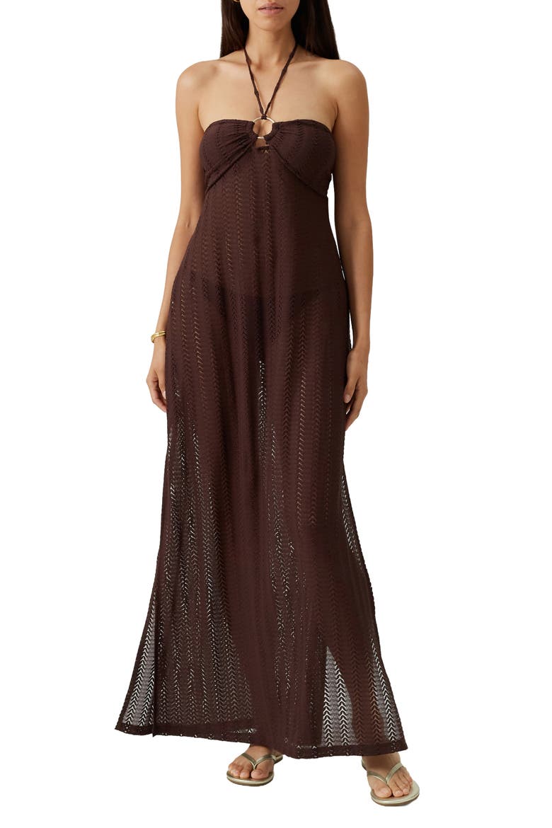 Harriet Pointelle Halter Cover-Up Maxi Dress, Main, color, BROWN