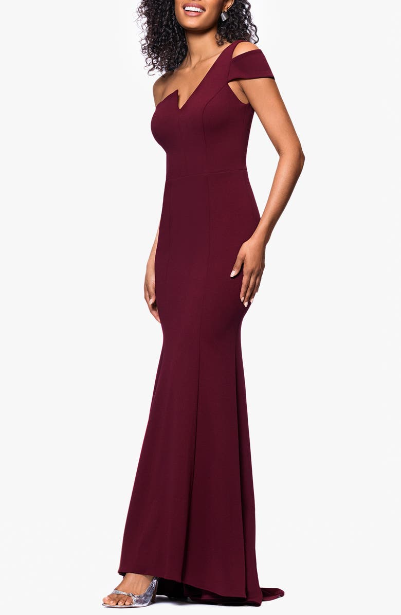 Betsy & Adam One-Shoulder Scuba Crepe Gown, Alternate, color, Burgundy