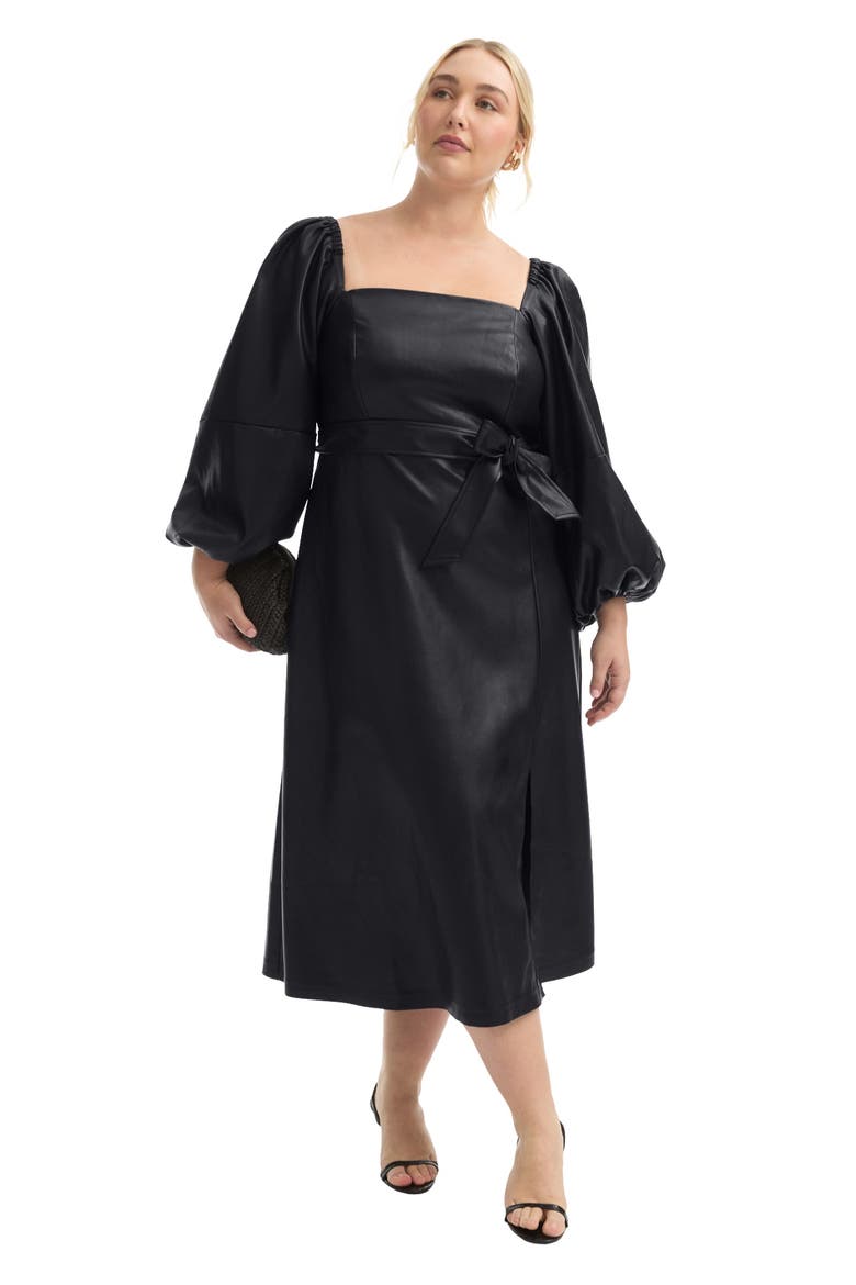 Puff Sleeve Faux Leather Midi Dress, Main, color, BLACK ONYX