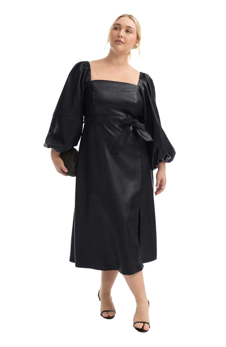 June + Vie Puff Sleeve Faux Leather Midi Dress, Main, color, Black Onyx