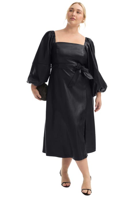 Puff Sleeve Faux Leather Midi Dress (Plus Available)