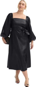 June + Vie Puff Sleeve Faux Leather Midi Dress