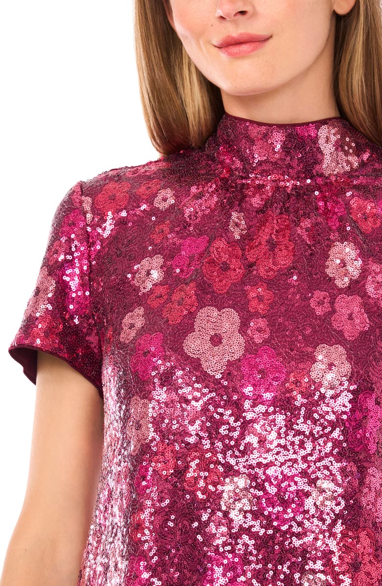 CeCe Floral Sequin Mock Neck Top, Alternate, color, Rhododendron