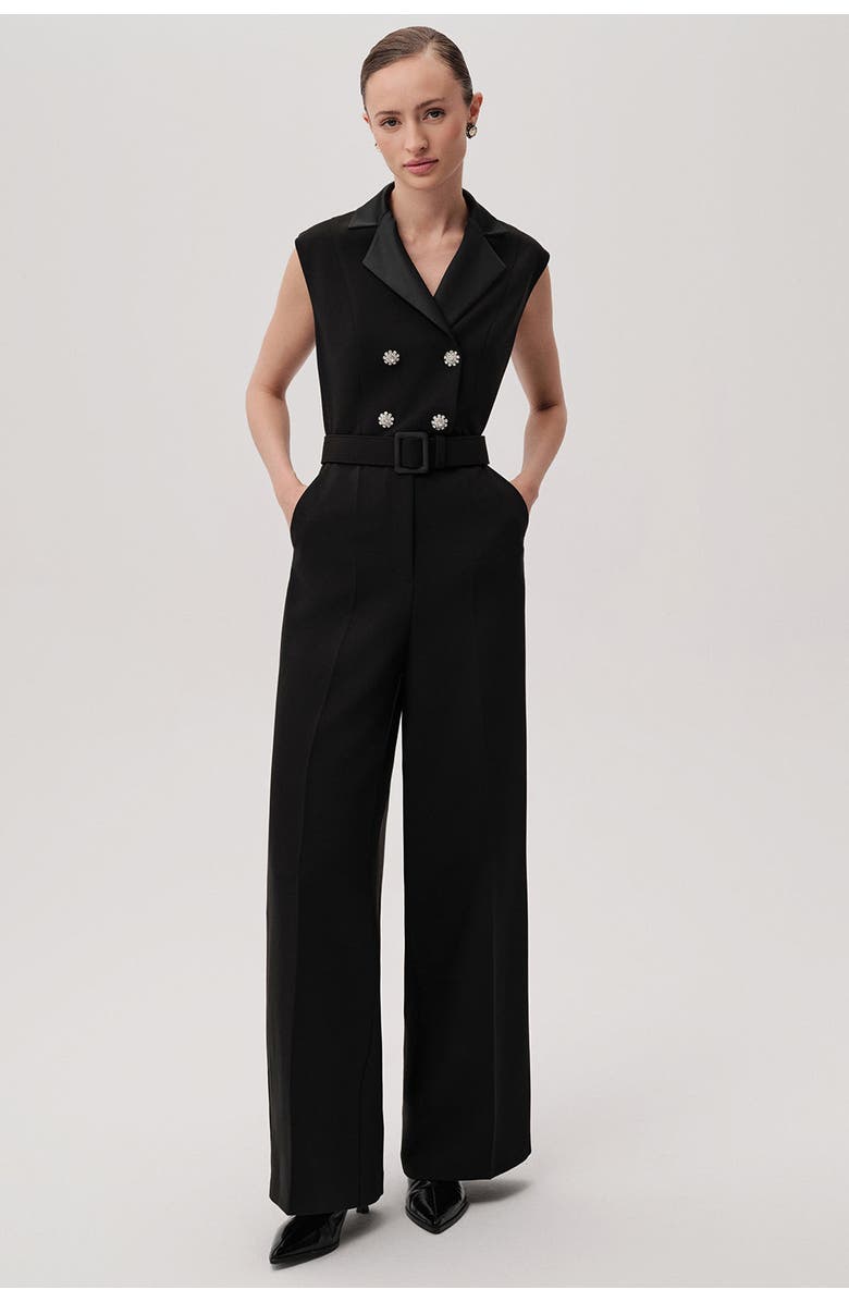 Exquise Sleeveless Shirt Collar Jumpsuit, Alternate, color, Black
