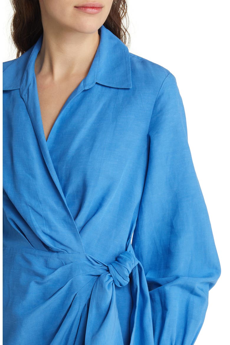 Collared Long Sleeve Wrap Midi Dress, Alternate, color, BLUE