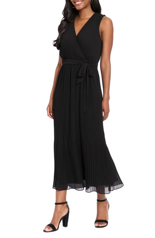 London Times Pleated Surplice Neck Midi Dress In Black