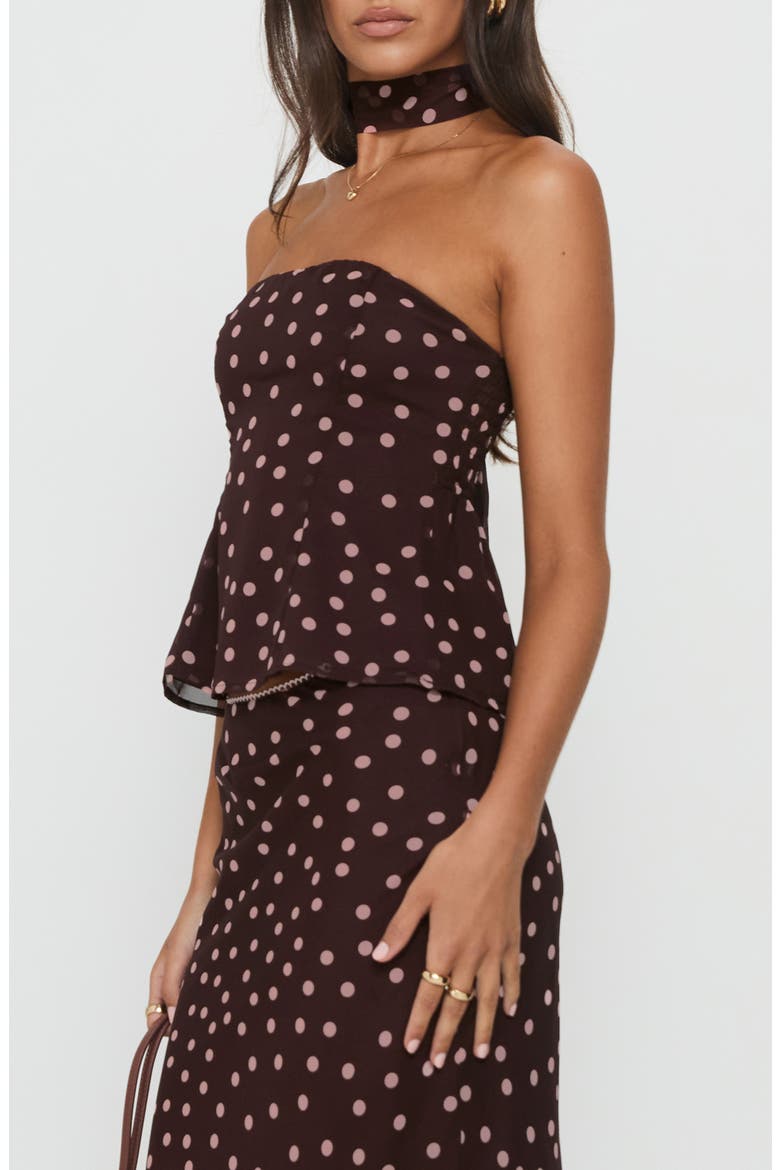 Sydni Scarf Detail Strapless Top, Alternate, color, CHOCOLATE / PINK POLKA