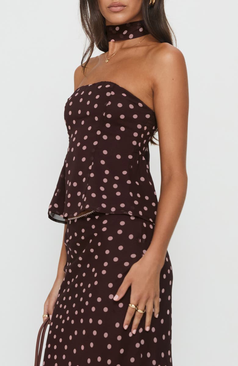 Princess Polly Sydni Scarf Detail Strapless Top, Alternate, color, Chocolate / Pink Polka