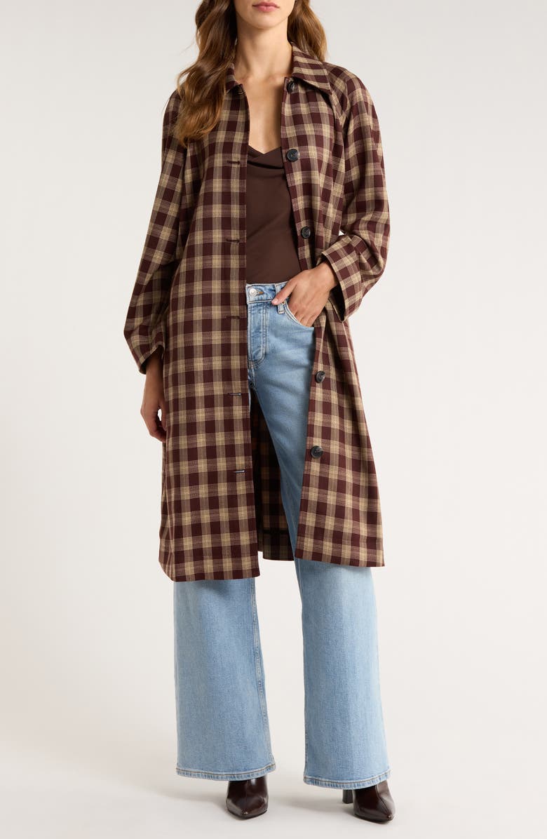 Reformation Beck Plaid Trench Coat, Main, color, Brown Check
