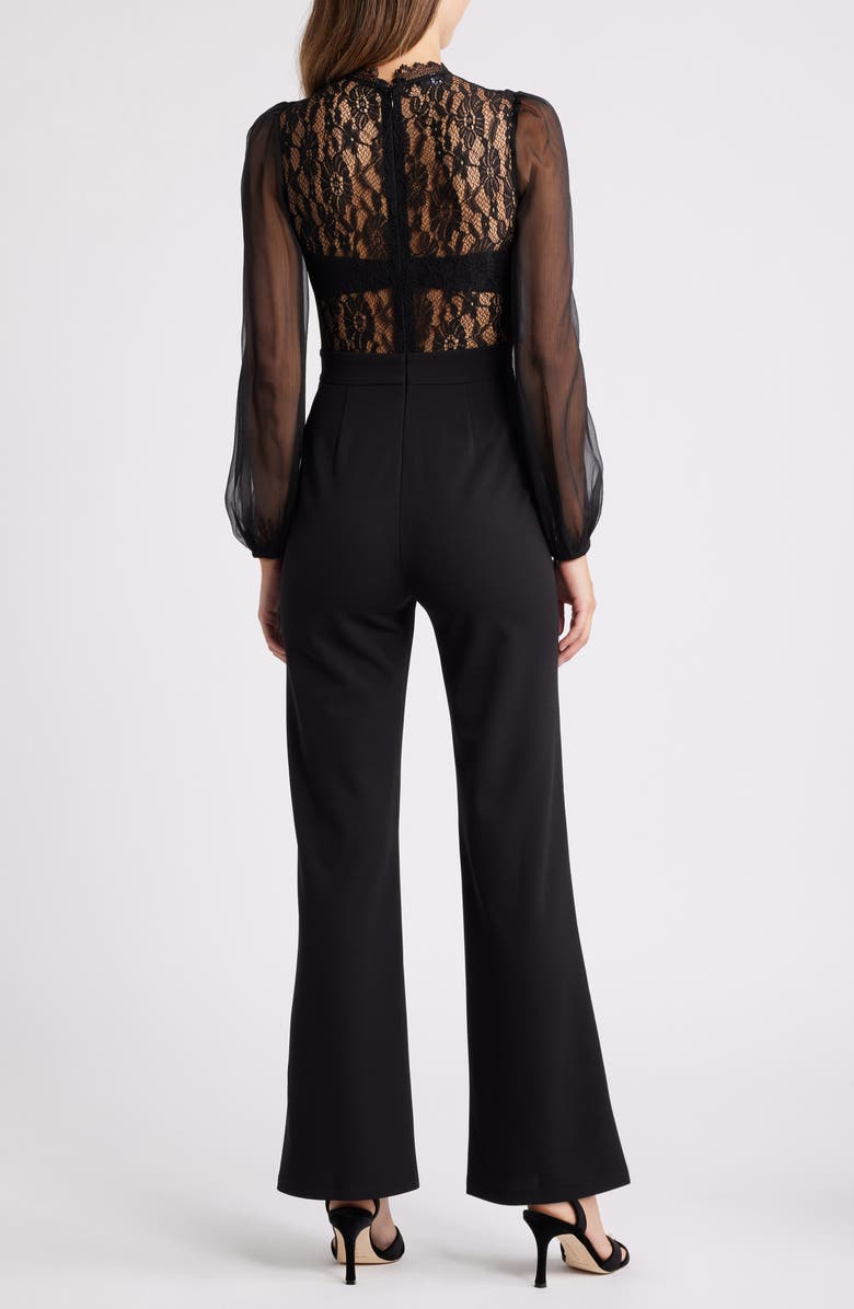 bebe Lace Bodice Long Sleeve Jumpsuit, Alternate, color,