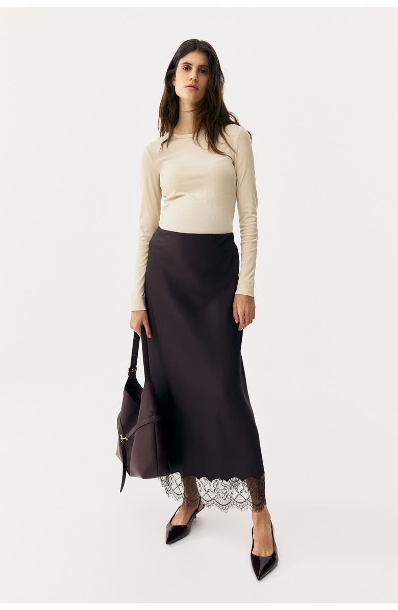 H&M Mama Lace-trimmed Satin Skirt, Alternate, color, Dark Brown