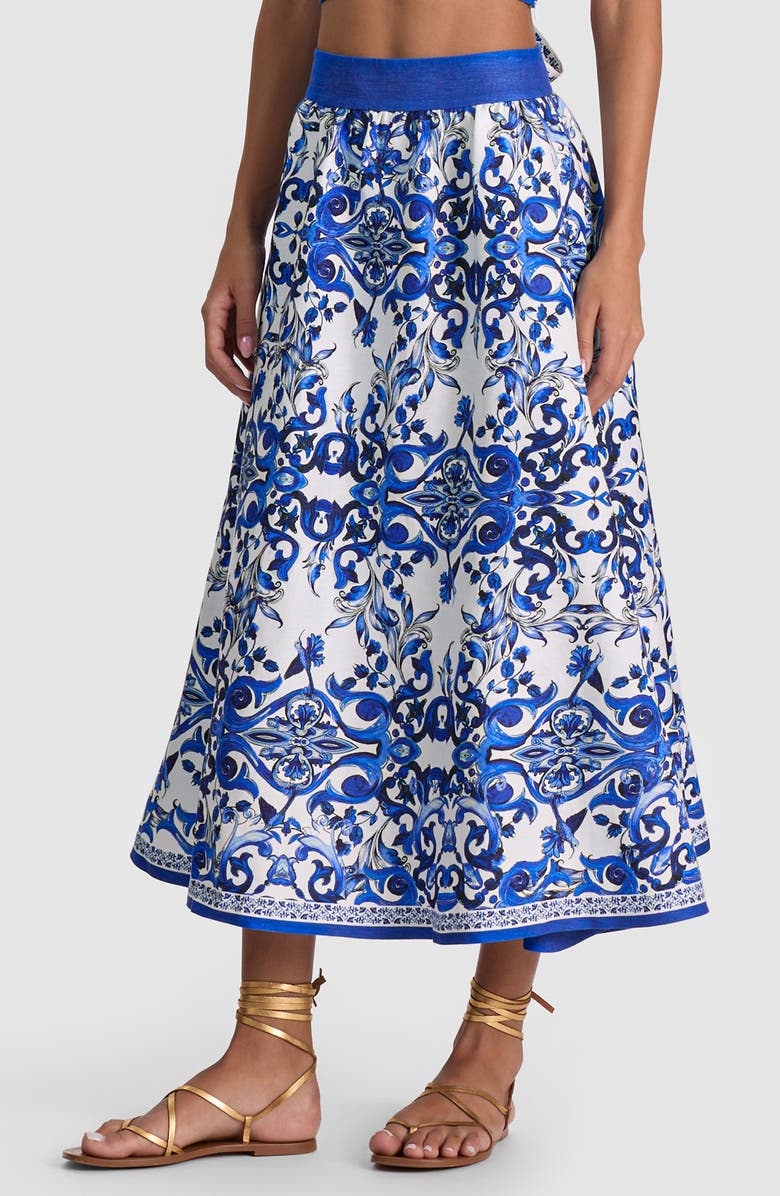Alice + Olivia Earla High Waist Linen Blend Midi Skirt, Alternate, color, Solstice