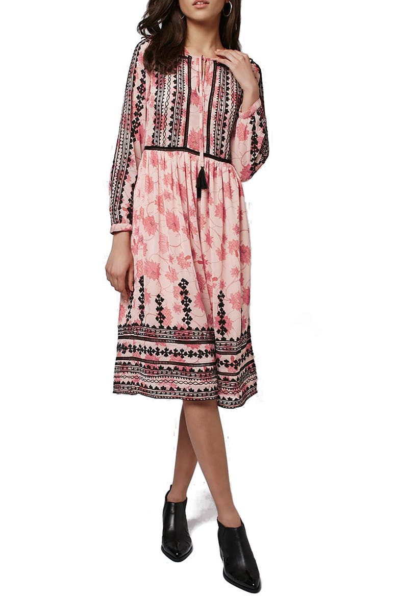 Embroidered Print Midi Dress, Main, color, PINK