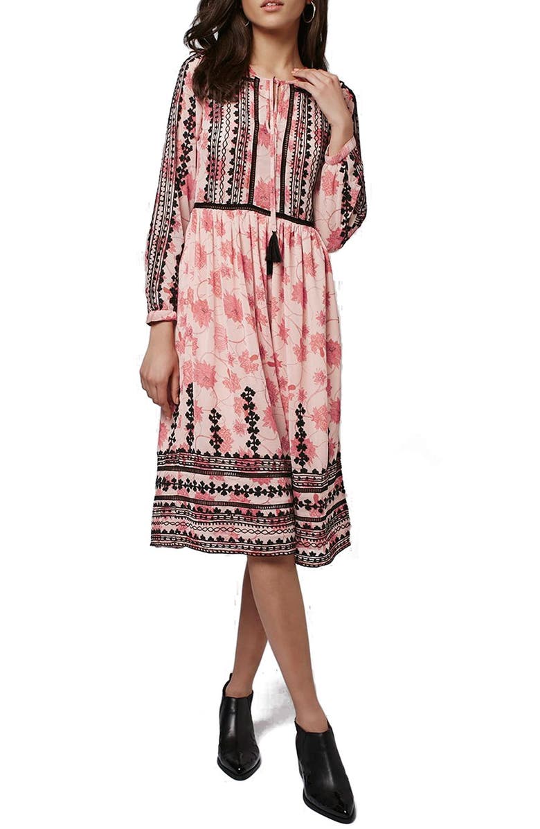Topshop Embroidered Print Midi Dress, Main, color, 