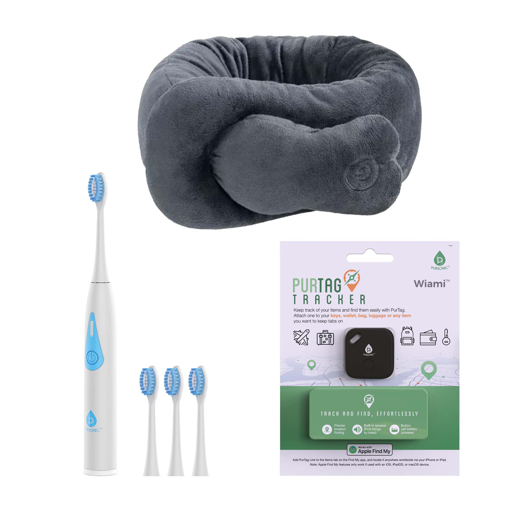 PURSONIC PURSONIC ON THE GO TRAVEL KIT TRIPLE-HEAD ELECTRIC TOOTHBRUSH, PURTAG TRACKER, PORTABLE NECK & SHOUL