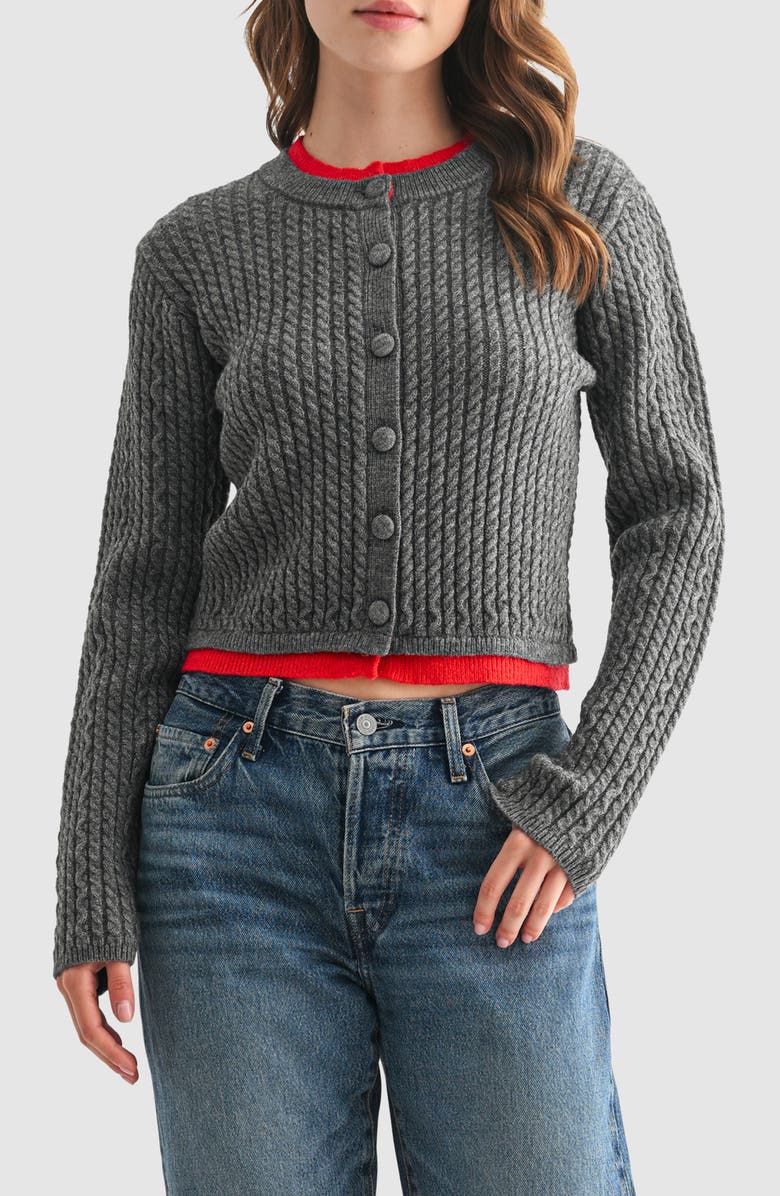 Lush Contrast Cable Knit Cardigan, Main, color, Charcoal Red