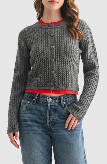 Lush Contrast Cable Knit Cardigan In Multi