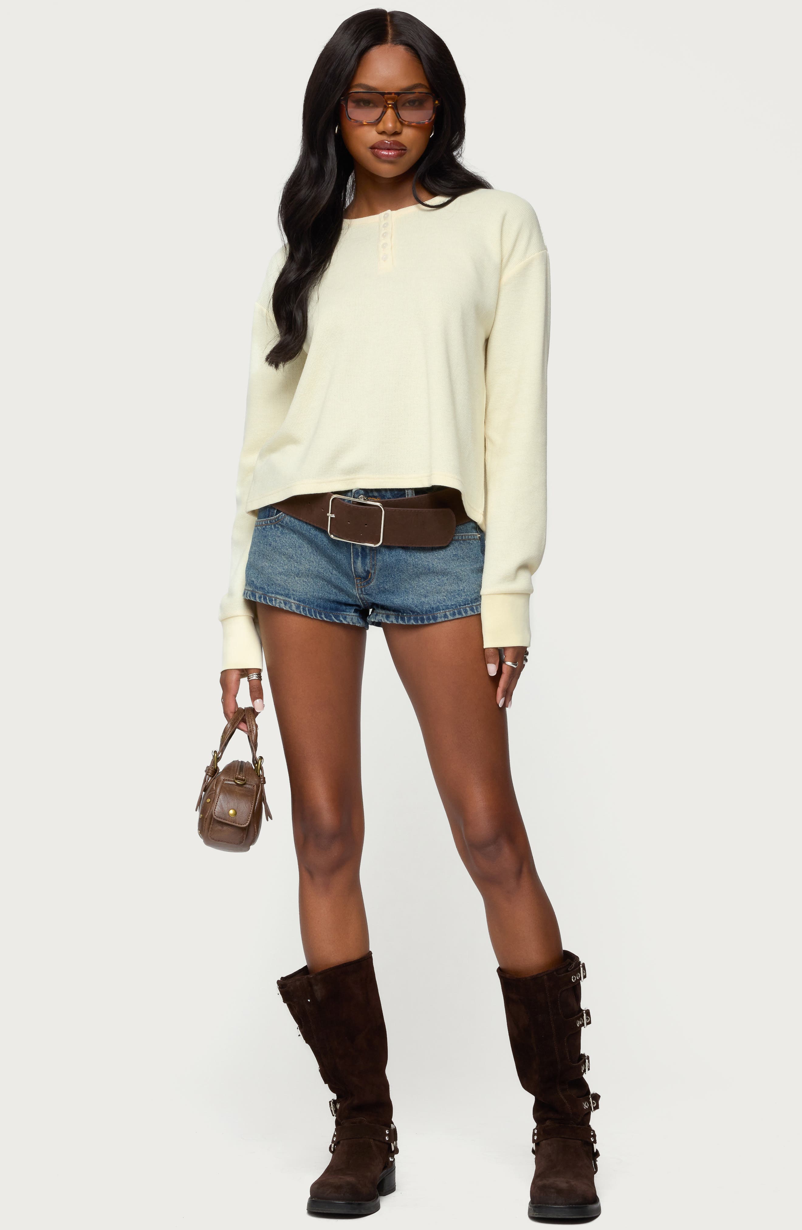Deni Long Sleeve Waffle Stitch Henley - image 2
