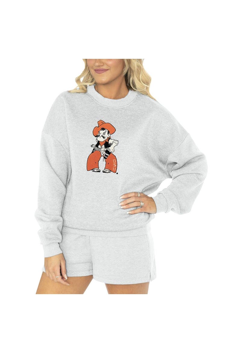 Women's Gameday Couture Ash Oklahoma State Cowboys Team Effort Pullover Sweatshirt & Shorts Sleep Set, Main, color, Ash