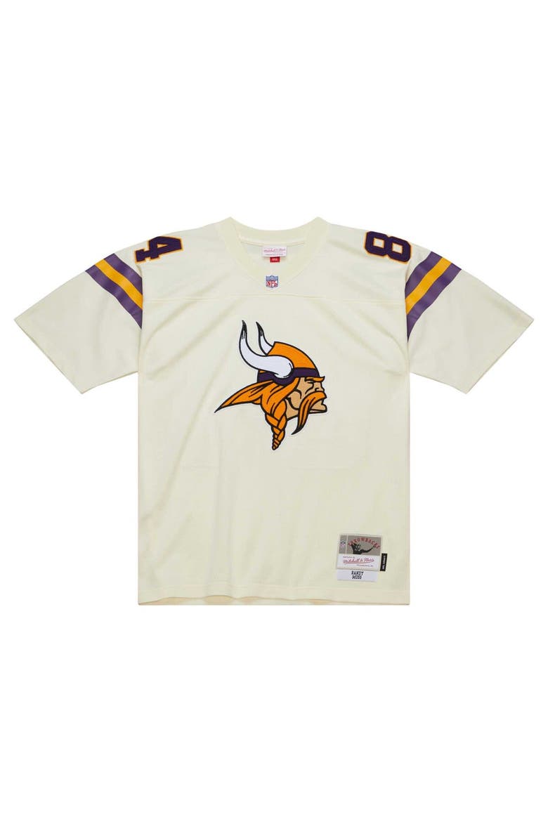 Men's Mitchell & Ness Randy Moss Cream Minnesota Vikings Chainstitch Legacy Jersey, Alternate, color, Cream