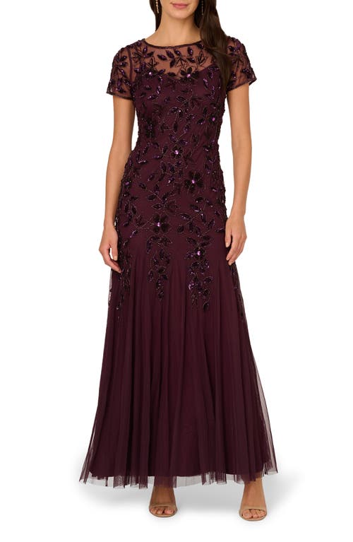 Adrianna Papell Floral Embroidered Beaded Trumpet Gown in Night Plum 