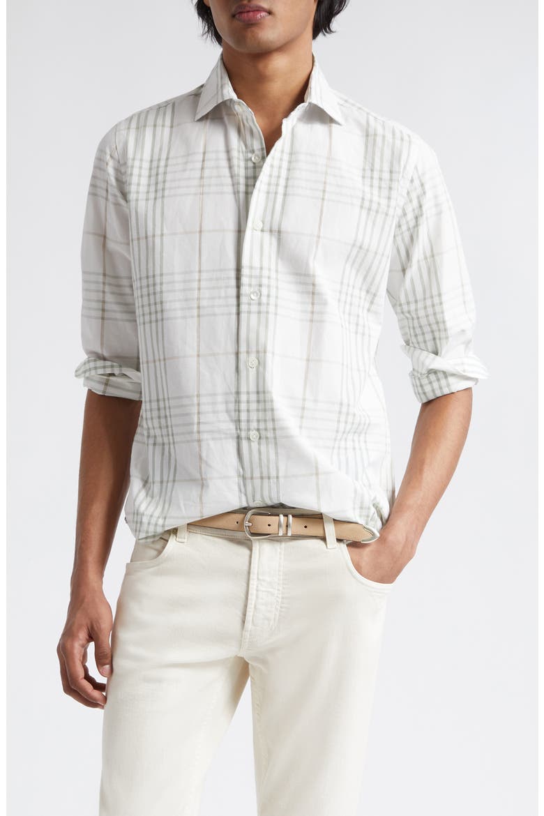 Check Cotton & Linen Button-Up Shirt, Main, color, WHITE AND GREEN