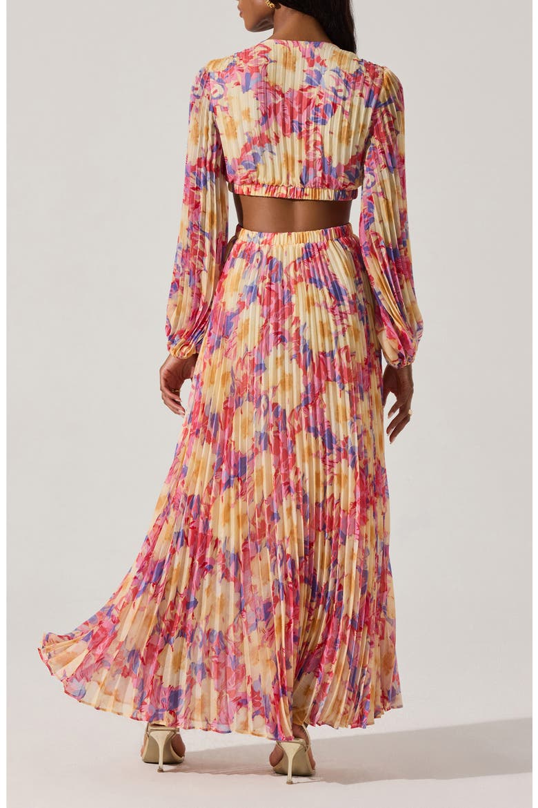 Revery Floral Pleated Cutout Long Sleeve Maxi Dress, Alternate, color, YELLOW PINK FLORAL